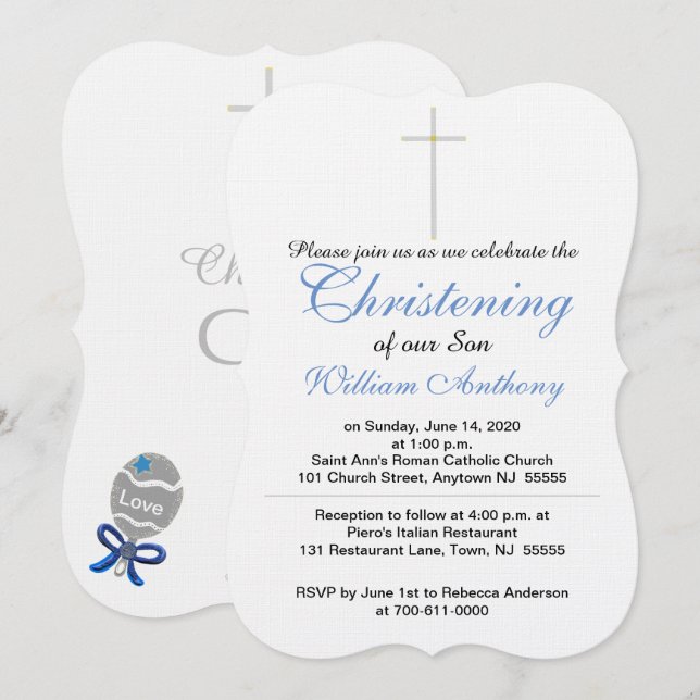 Christening Son Cross Blue Rattle Invitations (Devant / Derrière)