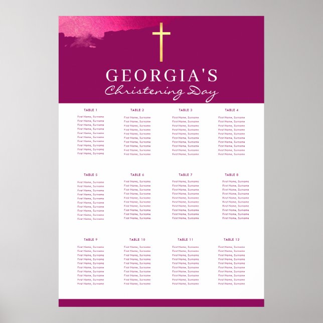 CHRISTENING TABLE PLAN 12 tables pink plum cross Poster (Front)