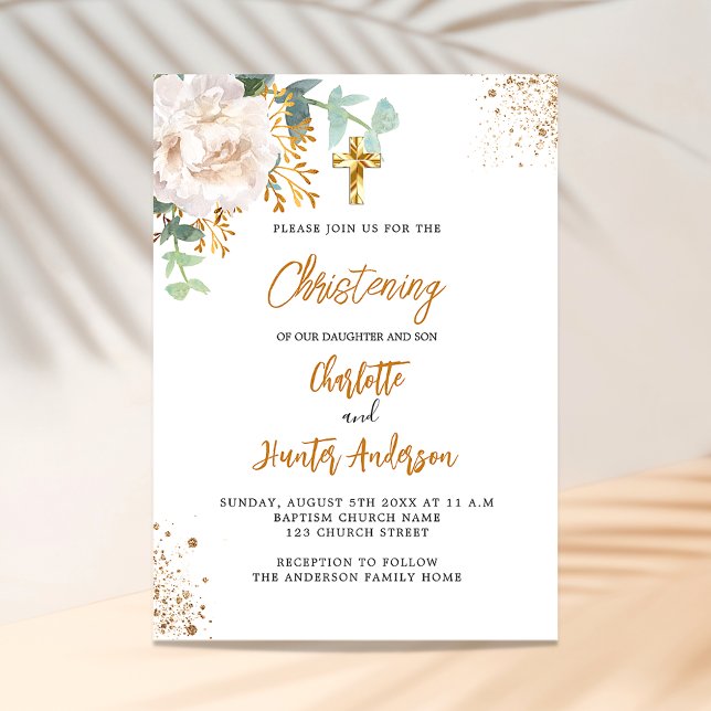 Christening twins eucalyptus greenery floral white invitation (Creator Uploaded)