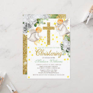 Christening Watercolor Angels Gold Glitter Invitation