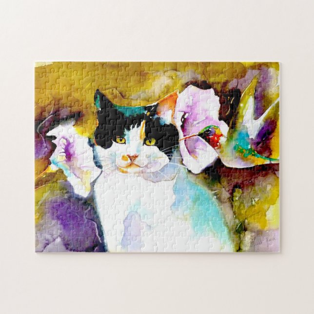 "Christeve the Cat with Hummingbird" Print Jigsaw Puzzle (Horizontal)