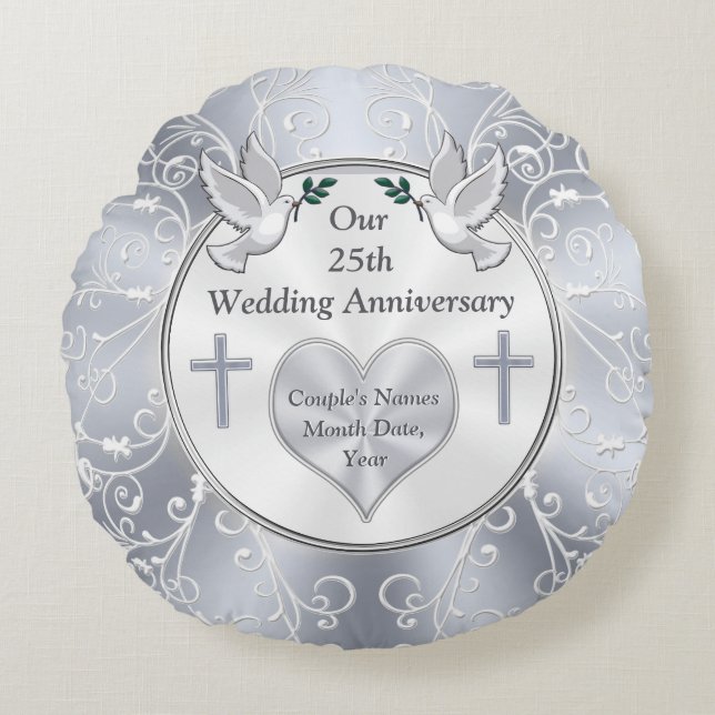 Christian, 25th Wedding Anniversary Gifts Round Pillow (Front)