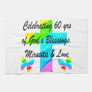 CHRISTIAN 60TH BIRTHDAY CROSS AND BUTTERFLY DESIGN KITCHEN TOWEL