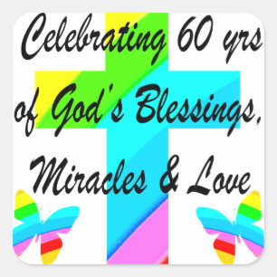 CHRISTIAN 60TH BIRTHDAY CROSS AND BUTTERFLY DESIGN SQUARE STICKER