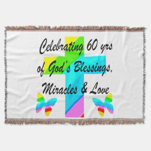 CHRISTIAN 60TH BIRTHDAY CROSS AND BUTTERFLY DESIGN THROW BLANKET
