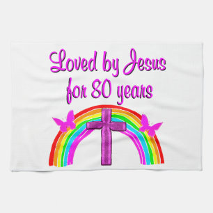 CHRISTIAN 80TH BIRTHDAY RAINBOW DESIGN KITCHEN TOWEL