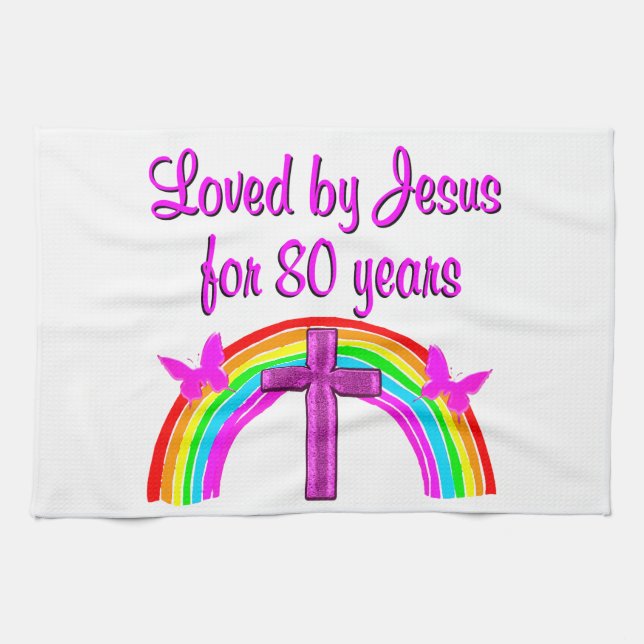 CHRISTIAN 80TH BIRTHDAY RAINBOW DESIGN KITCHEN TOWEL (Horizontal)