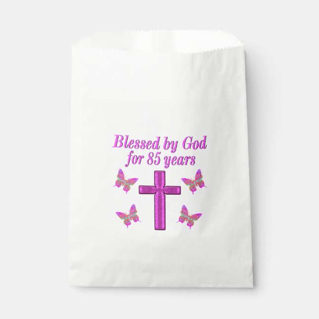 CHRISTIAN 85TH BIRTHDAY PINK CROSS DESIGN FAVOUR BAG (Front)