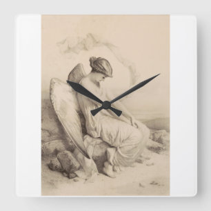 Christian angel sitting on a stone square wall clock
