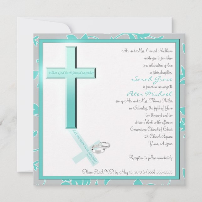 Christian Aqua and Grey Square Wedding Invitation (Front)