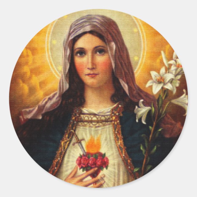 Christian Art of Sacred Heart of Jesus and Mary Classic Round Sticker (Front)