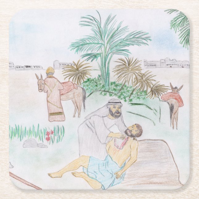 Christian Artwork The good Samaritan Square Paper Coaster (Front)