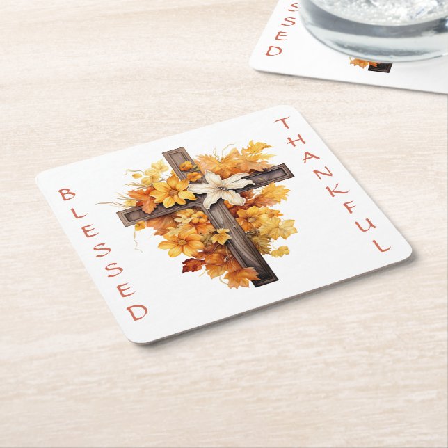 Christian Autumn Floral Cross Thanksgiving Square Paper Coaster (Angled)