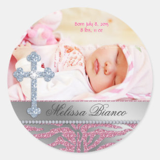 Christian Baptism Cross Baby Girl Zebra Classic Round Sticker