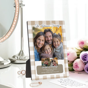 Christian Beige Buffalo Plaid Family Photo Collage Plaque