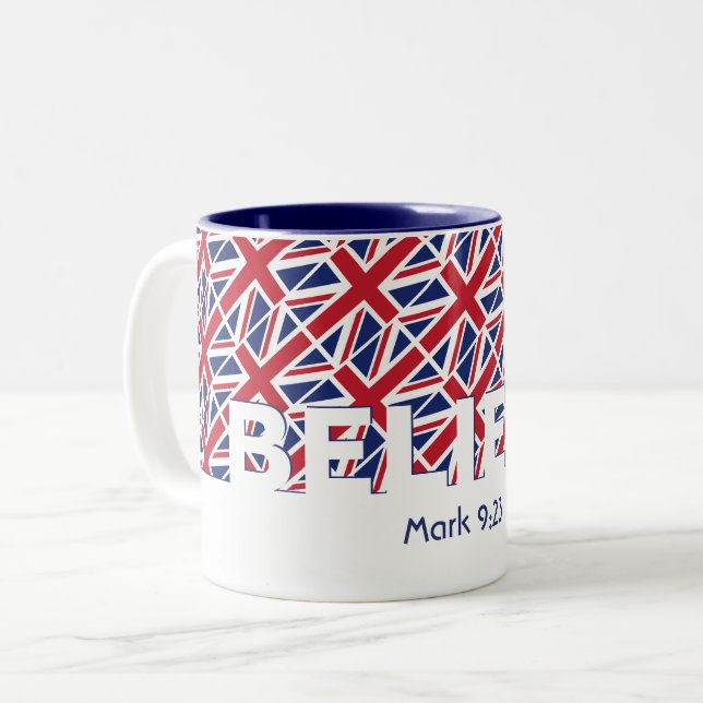 Christian BELIEVE Mark 9:23 UNION JACK Custom Two-Tone Coffee Mug (Front Left)
