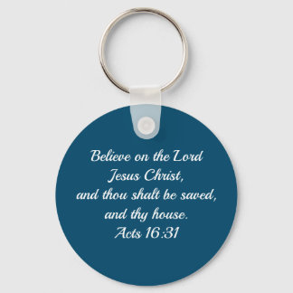 Christian Bible Verse Acts 16:31 Blue Keychain