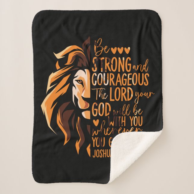 Christian Bible Verse Joshua 1:9 Lion Sherpa Blanket (Front)