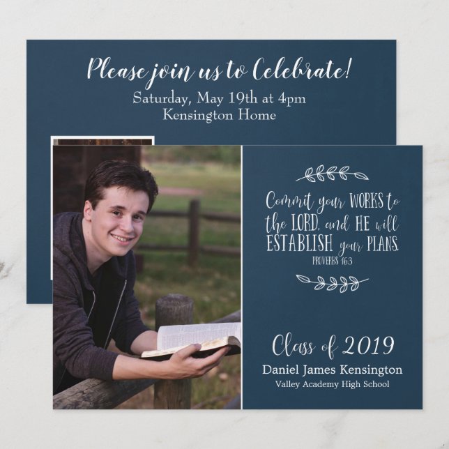 Christian Bible Verse Typography Graduation Photo Invitation (Front/Back)