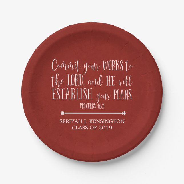 Christian Bible Verse Typography Red Graduation Paper Plate (Front)