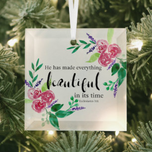 Christian Bible Verse Watercolor Flowers Beautiful Glass Ornament