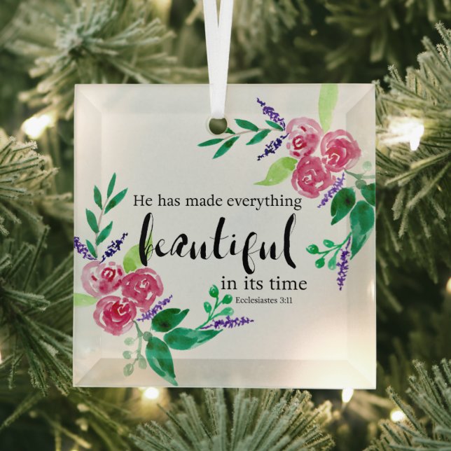 Christian Bible Verse Watercolor Flowers Beautiful Glass Ornament (Insitu)