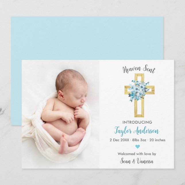 Christian Birth Announcement Photo Card Blue Cross (Front/Back)