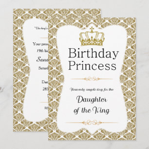 Christian Birthday Princess White and Gold Damask Invitation