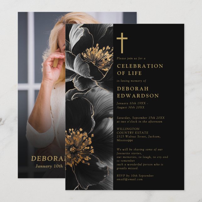 Christian Black And Gold Celebration Of Life Photo Invitation (Front/Back)