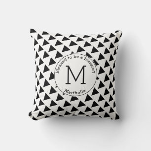 Christian Black White Triangles Monogram BLESSED Throw Pillow