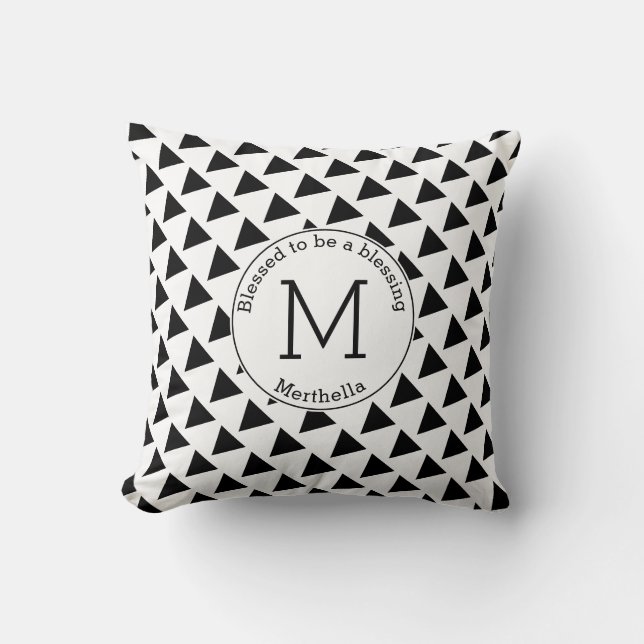 Christian Black White Triangles Monogram BLESSED Throw Pillow (Front)