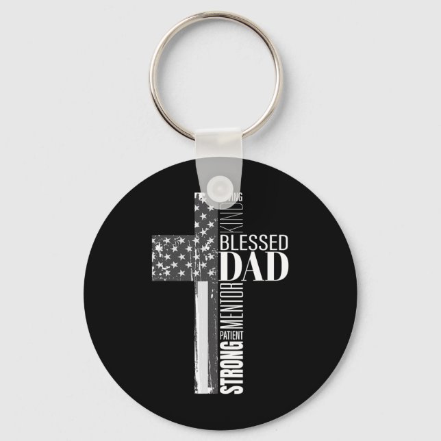 Christian Blessed Dad American Flag Religious Fath Keychain (Front)