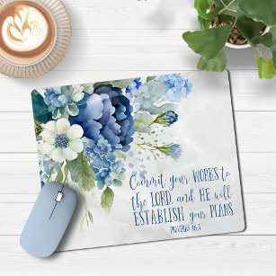 Christian Blue Marble Floral Marble Bible Verse Mouse Pad