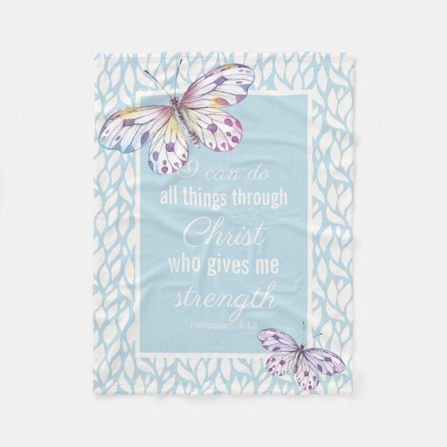 Christian Butterfly Scripture Blue Fleece Blanket (Front)