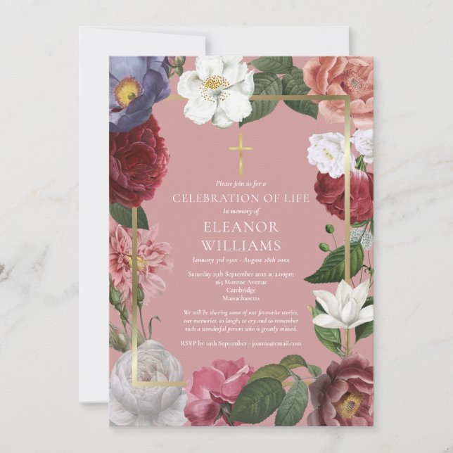 Christian Celebration of Life Dusty Rose Floral Invitation (Front)