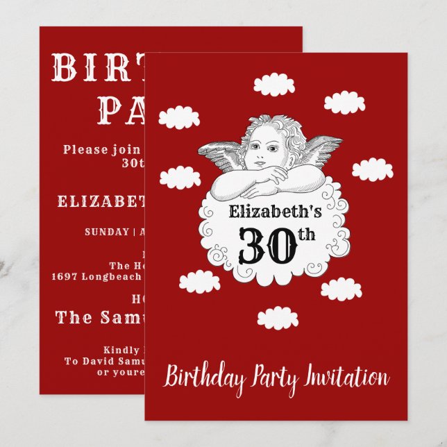 Christian Cherub Angel Happy 30th Birthday Red Invitation (Front/Back)