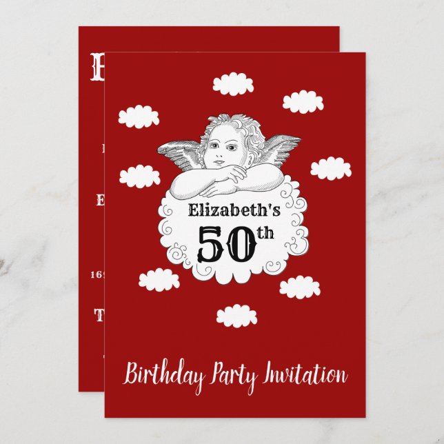 Christian Cherub Angel Happy 50th Birthday Red Invitation (Front/Back)