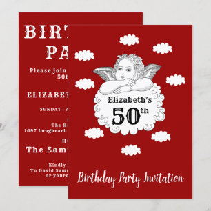 Christian Cherub Angel Happy 50th Birthday Red Invitation