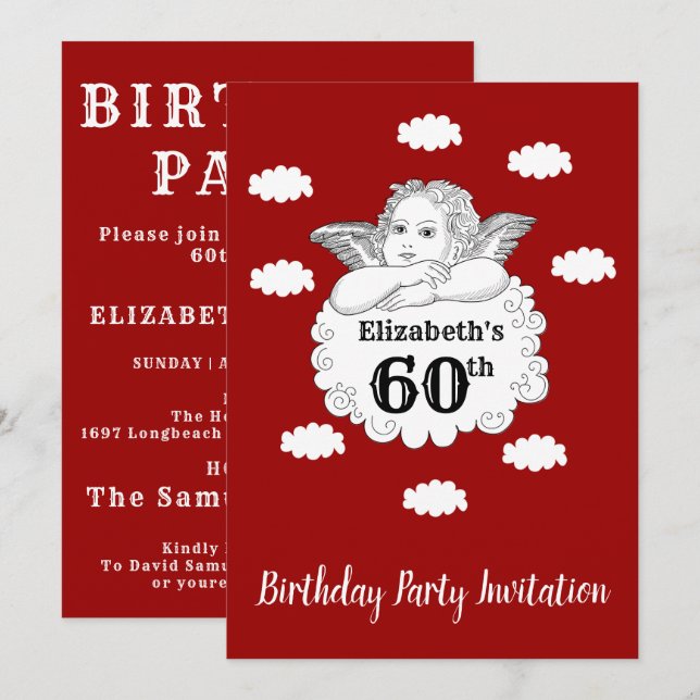 Christian Cherub Angel Happy 60th Birthday Red Invitation (Front/Back)