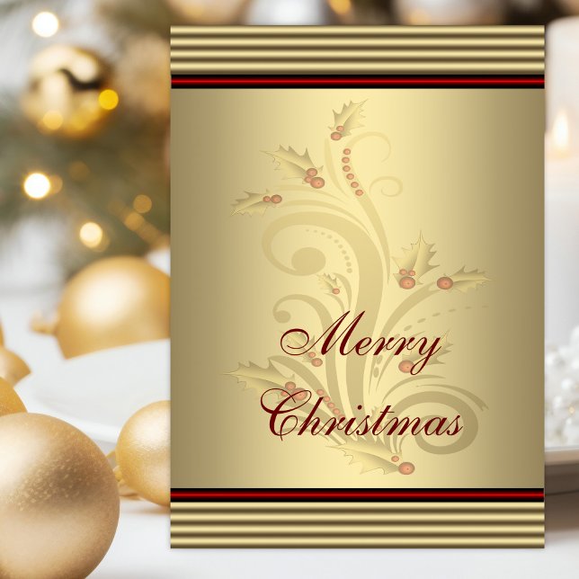 Christian Christmas Holiday (Red gold religious Christmas card with red and gold holly swirl and scripture verses.)