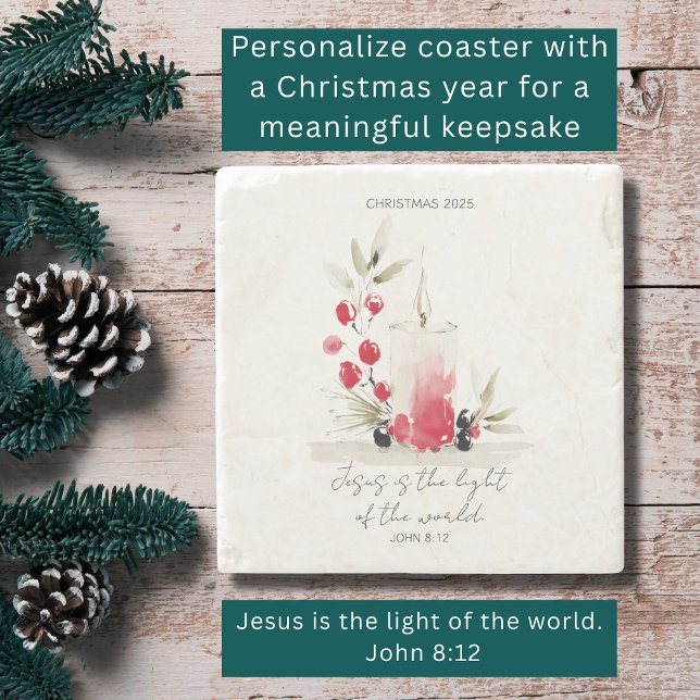 Christian Christmas Modern Scripture Candle Custom Stone Coaster (Modern watercolor Christian Christmas décor.)