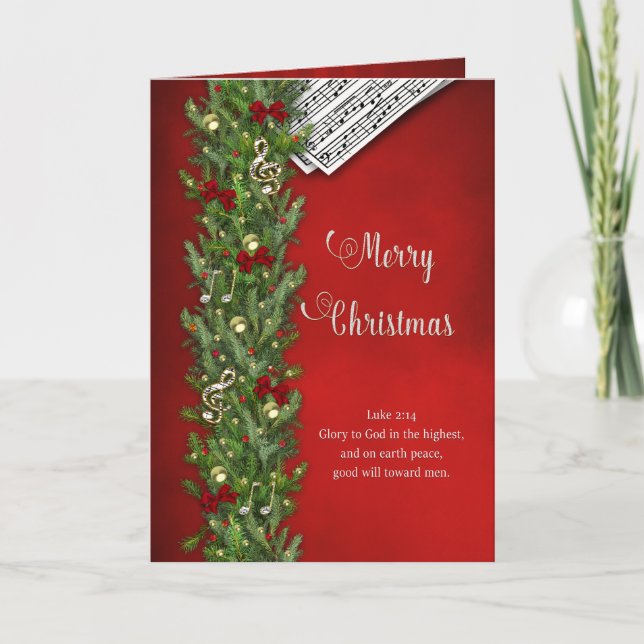 Christian Christmas, Music Notes, Red, Pine Branch Card (Front)