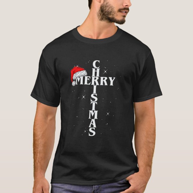 Christian Christmas Santa hat Jesus Cross and snow T-Shirt (Front)