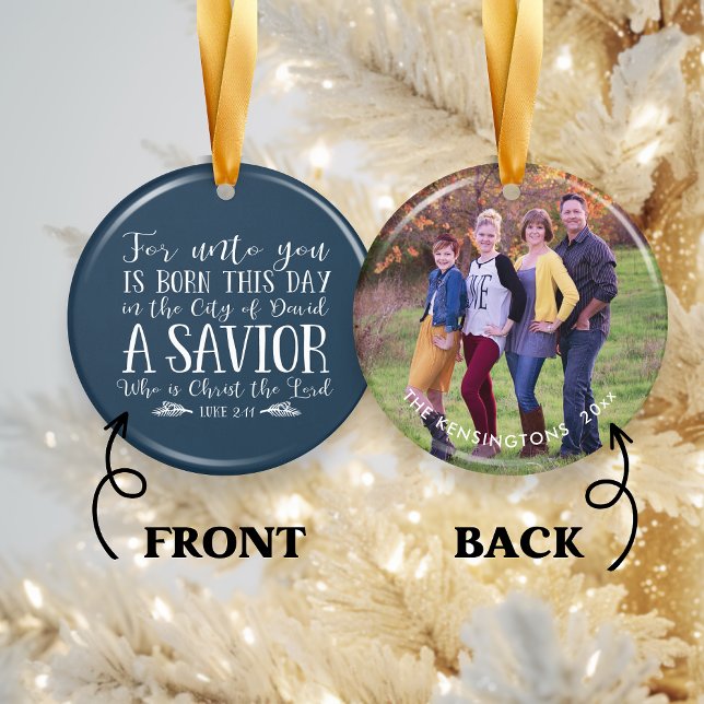 Christian Christmas Typography Blue Holiday Photo Ceramic Ornament (Christian Christmas Typography Blue Holiday Photo Ceramic Ornament)