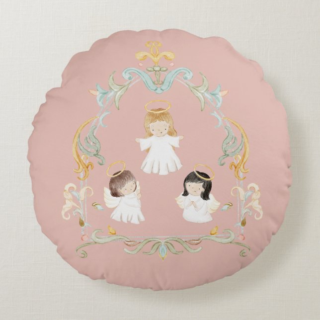 Christian Christmas Watercolor Angels Pink Round Pillow (Front)