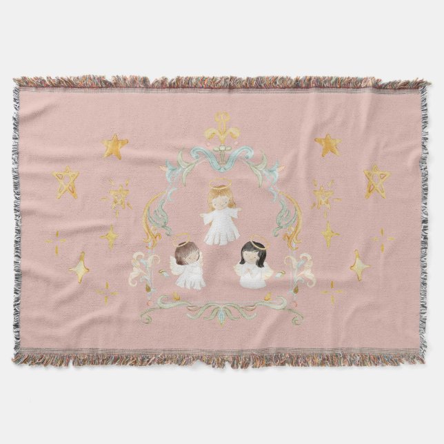 Christian Christmas Watercolor Angels Pink Throw Blanket (Front)