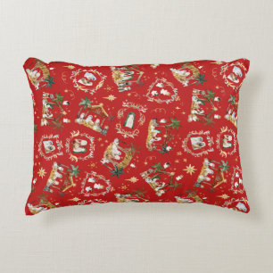 Christian Christmas Watercolor Nativity Red Accent Pillow