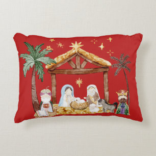 Christian Christmas Watercolor Nativity Red Accent Pillow