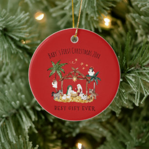 Christian Christmas Watercolor Nativity Red Ceramic Ornament