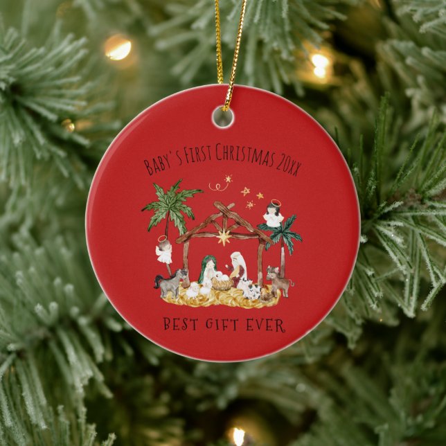 Christian Christmas Watercolor Nativity Red Ceramic Ornament (Tree)
